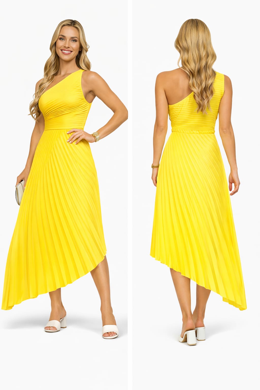 Rochie plisată asimetrică galbenă, New collection, un umăr, material fluid, One Size INTL
