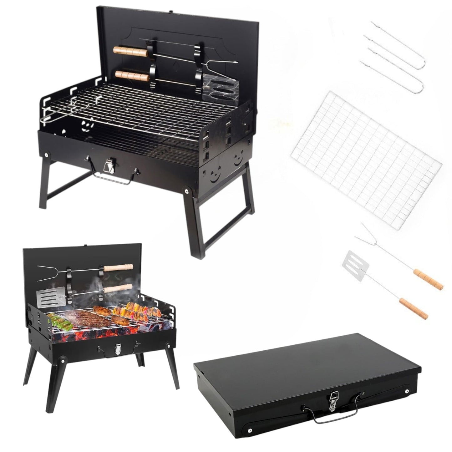 Gratar Portabil 47x44x27cm Model Servieta, cu Accesorii 3 Inaltimi Reglabile