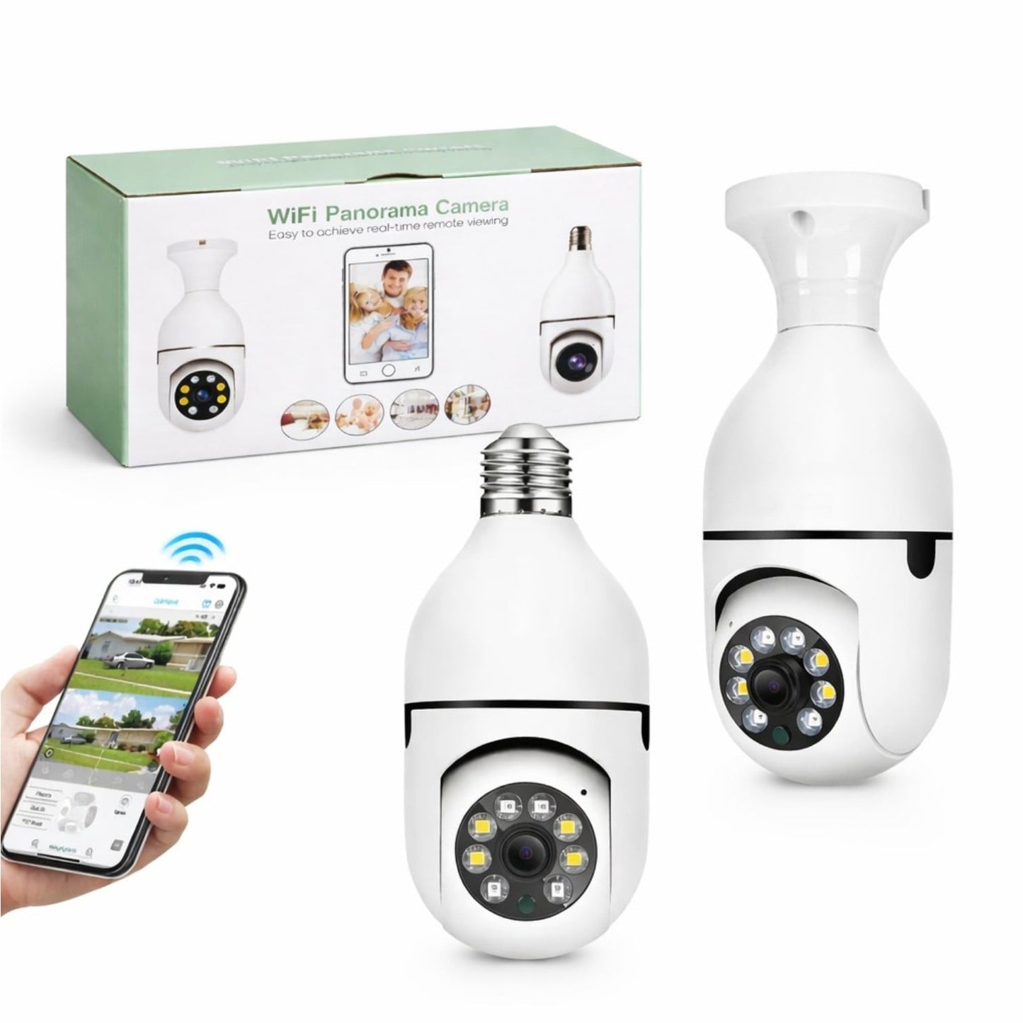Cameră Supraveghere Wi-Fi Panoramică Tip Bec E27 cu Filet, Rotire 360°, o Singură Unitate de Supraveghere, Vedere Nocturnă LED 15.5cm, Audio Bidirecțional, Control prin Telefon
