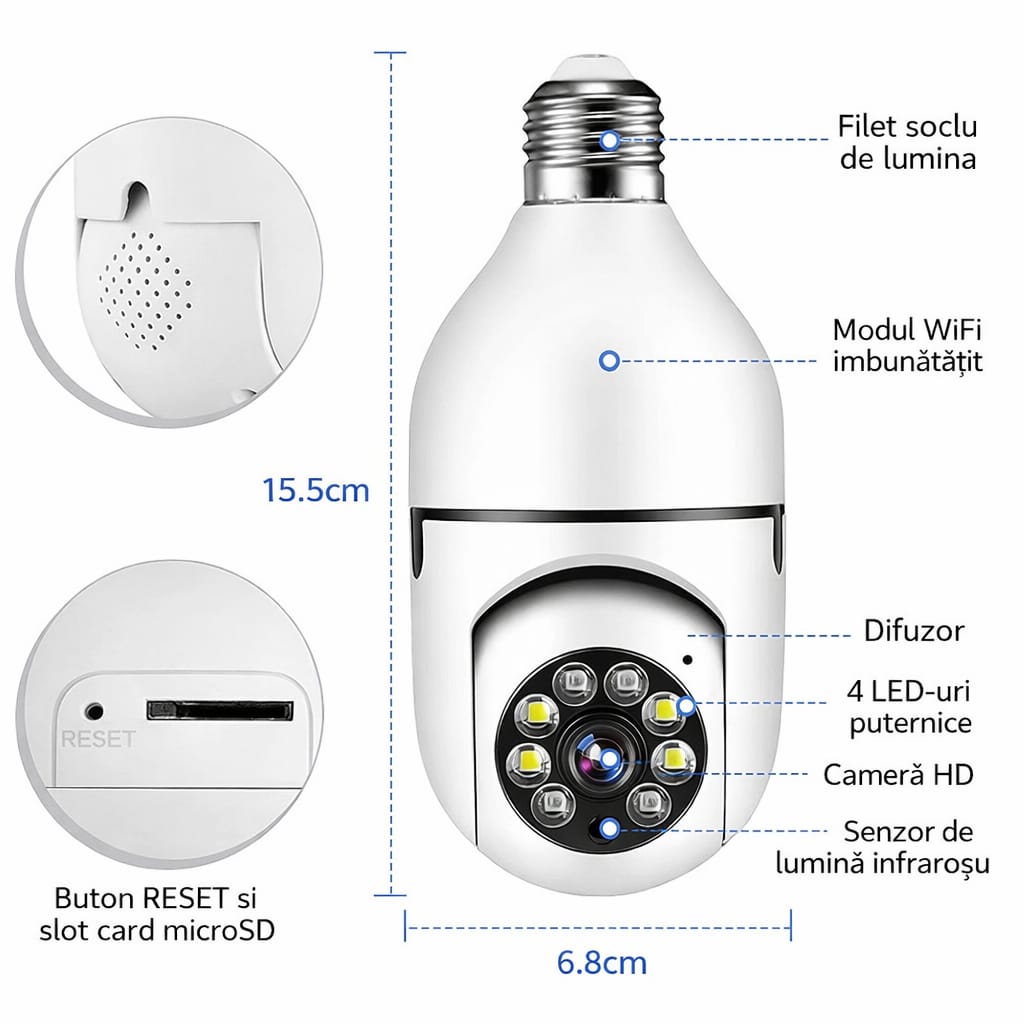 Cameră Supraveghere Wi-Fi Panoramică Tip Bec E27 cu Filet, Rotire 360°, o Singură Unitate de Supraveghere, Vedere Nocturnă LED 15.5cm, Audio Bidirecțional, Control prin Telefon