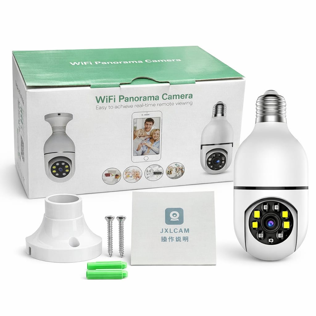 Cameră Supraveghere Wi-Fi Panoramică Tip Bec E27 cu Filet, Rotire 360°, o Singură Unitate de Supraveghere, Vedere Nocturnă LED 15.5cm, Audio Bidirecțional, Control prin Telefon