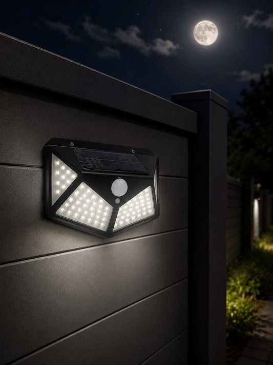 Lampă Solară Exterior 100 LED – Senzor Mișcare, Încărcare Solară