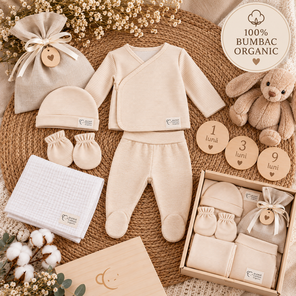 Set cadou premium pentru bebeluși – 100% bumbac organic