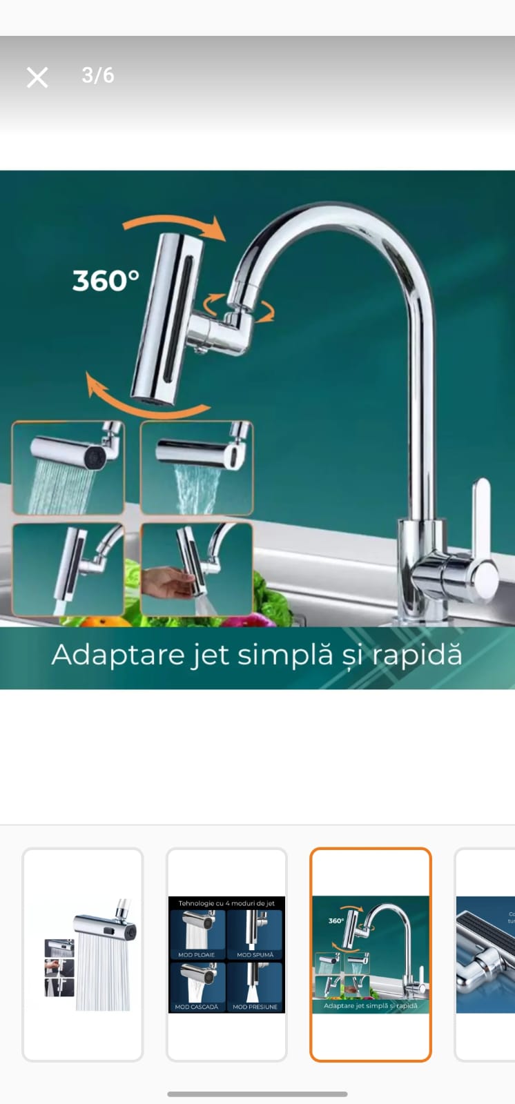 Adaptor pentru Robinet 360° – 4 Funcții de Pulverizare