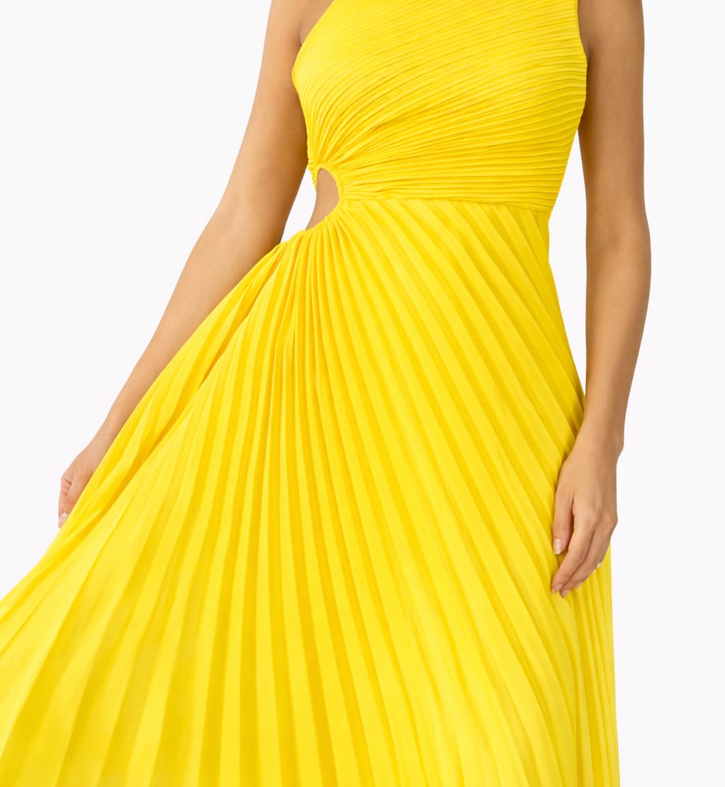 Rochie plisată asimetrică galbenă, New collection, un umăr, material fluid, One Size INTL